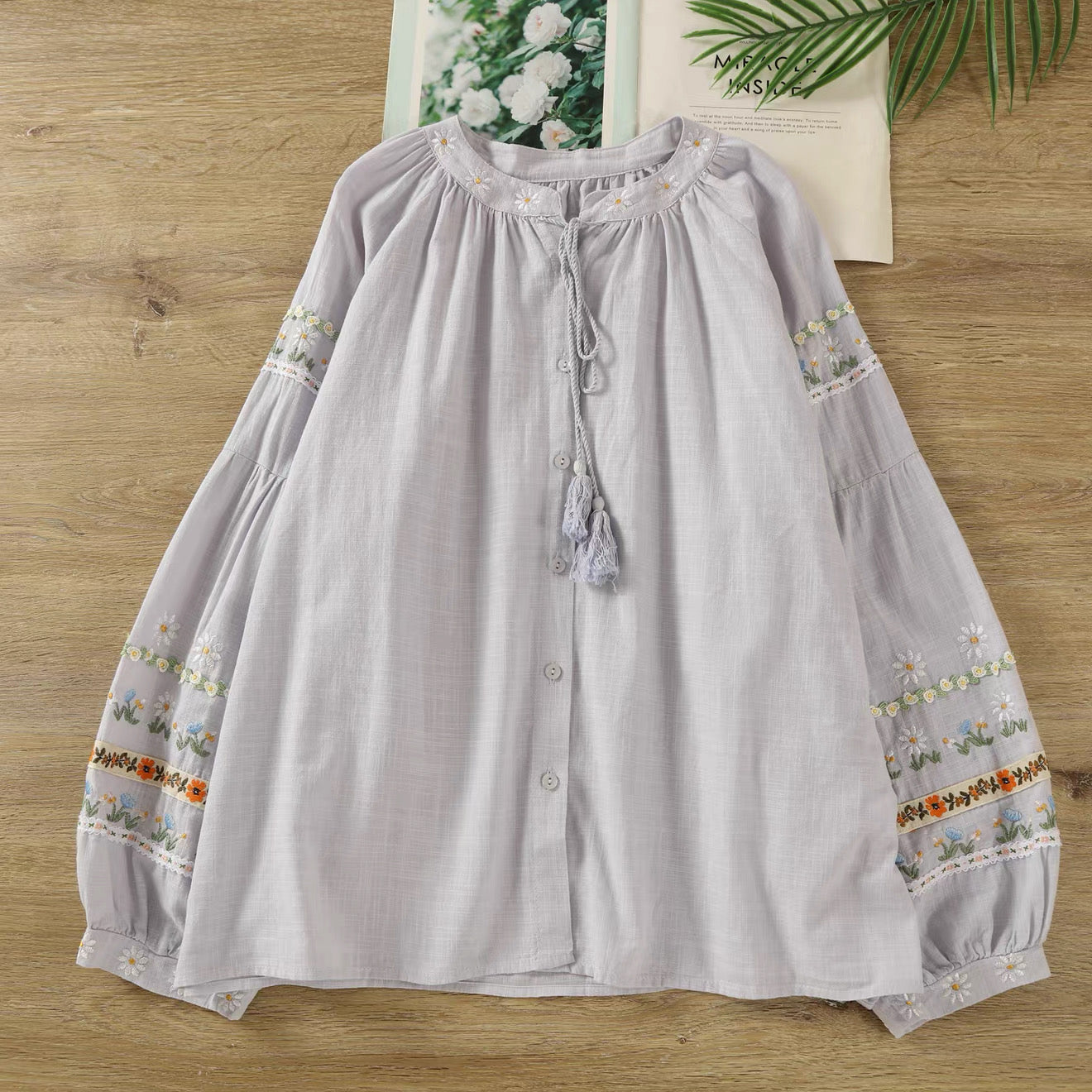 Floral Embroidered Tassel Blouse
