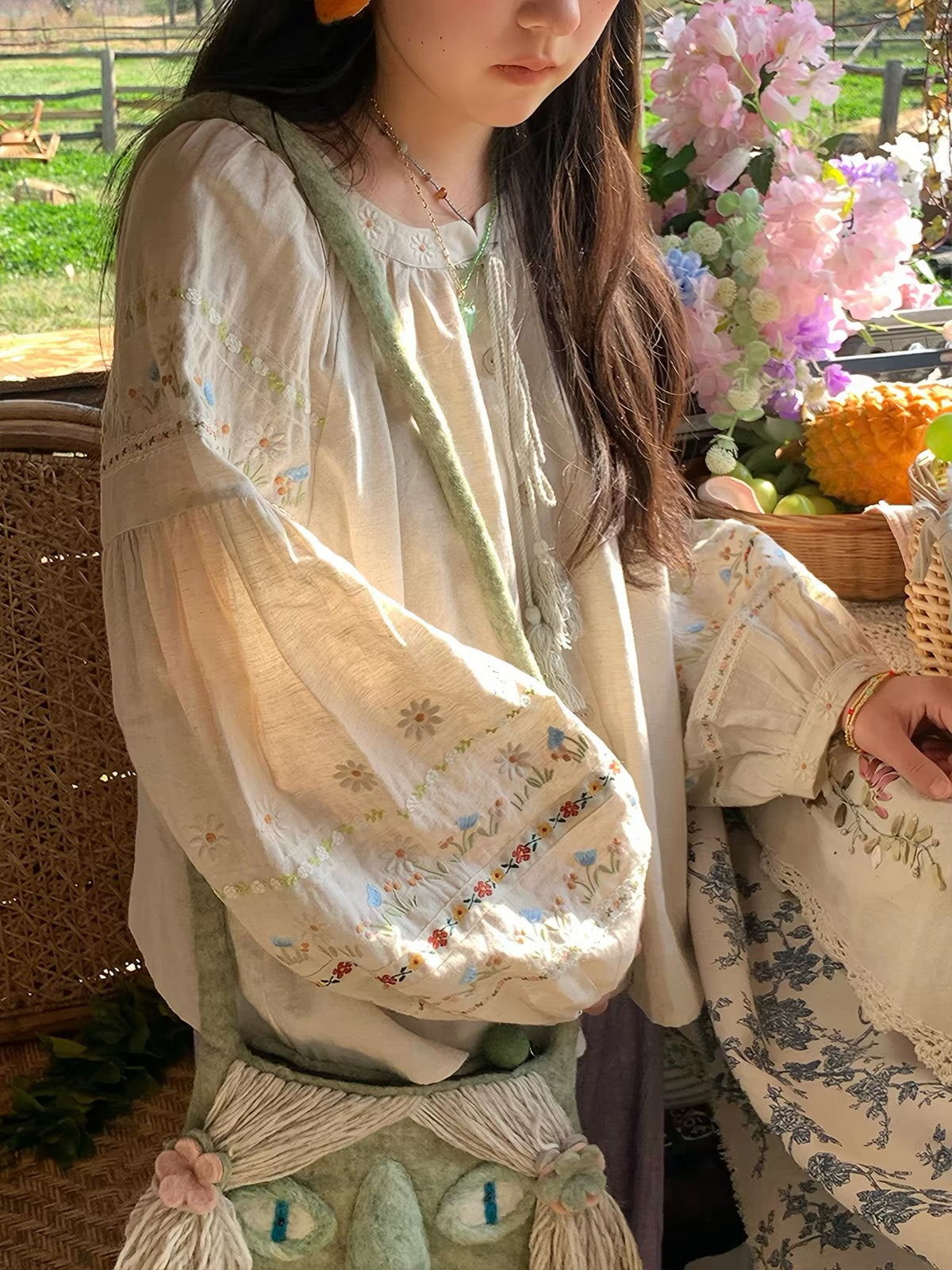Floral Embroidered Tassel Blouse
