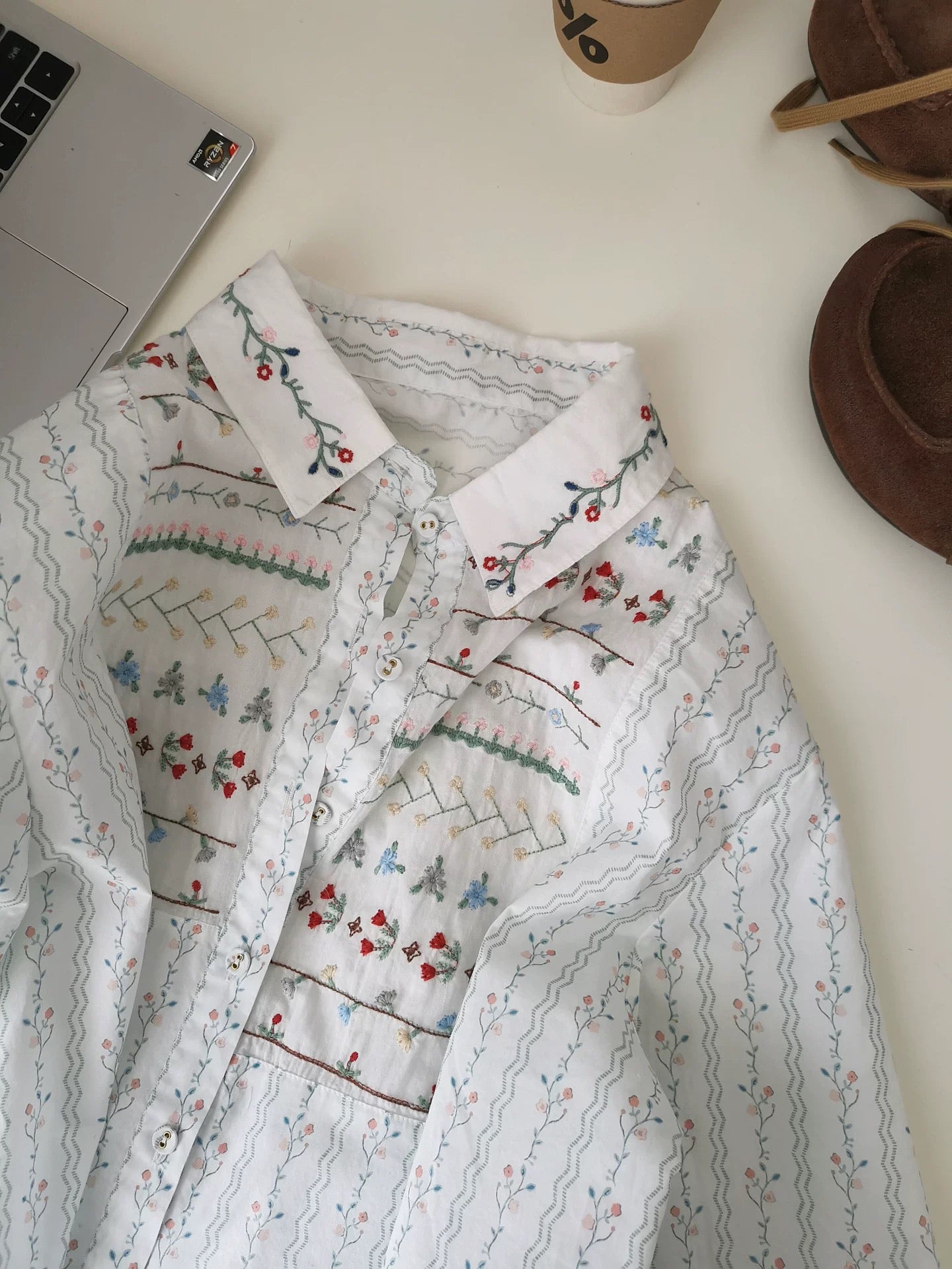 White embroidered floral shirt