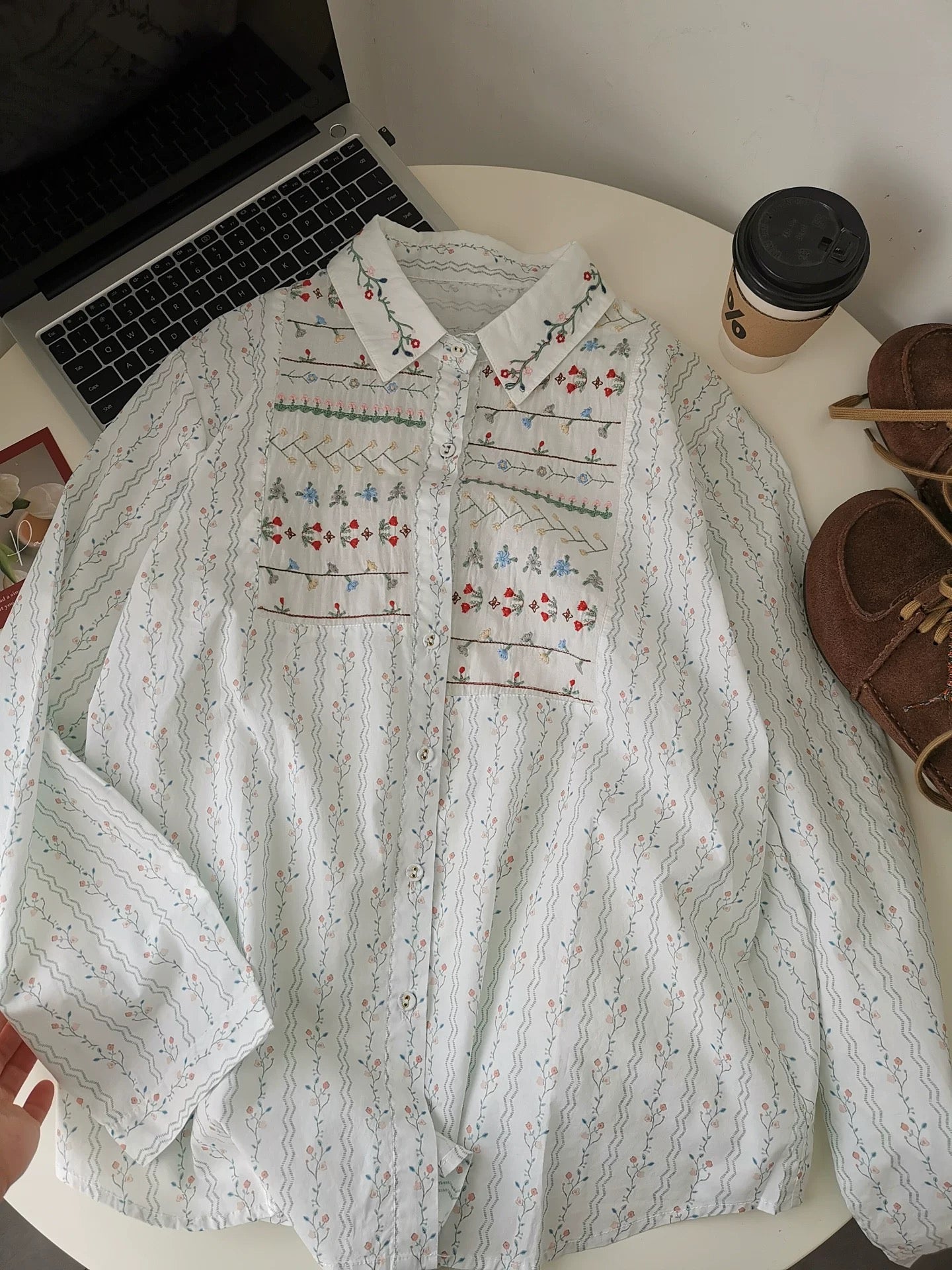White embroidered floral shirt