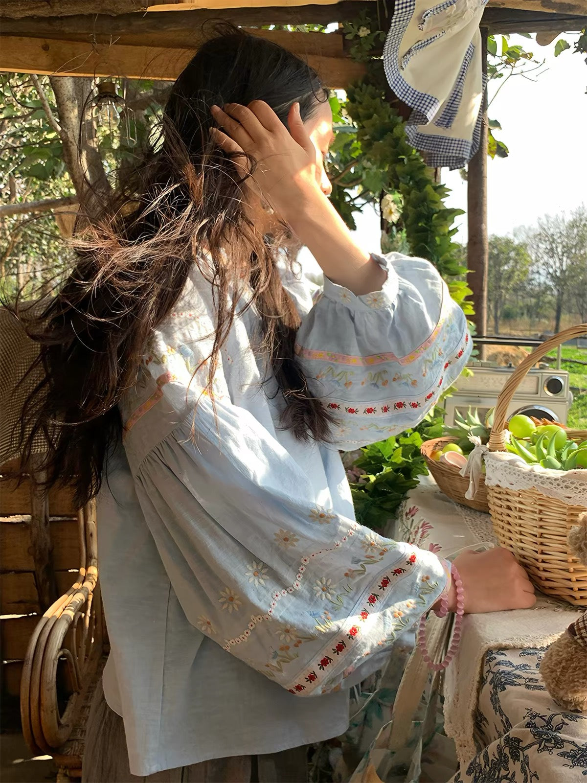 Floral Embroidered Tassel Blouse