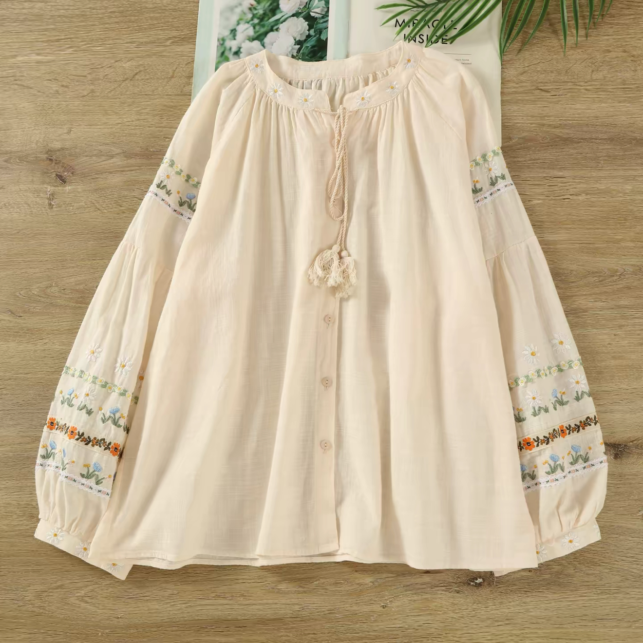 Floral Embroidered Tassel Blouse