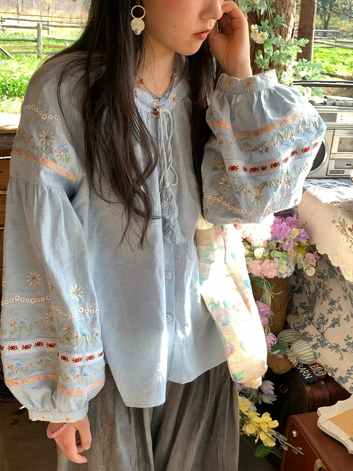 Floral Embroidered Tassel Blouse