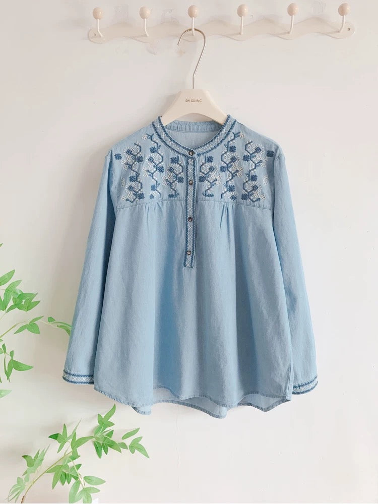 Soft embroidered denim blouse