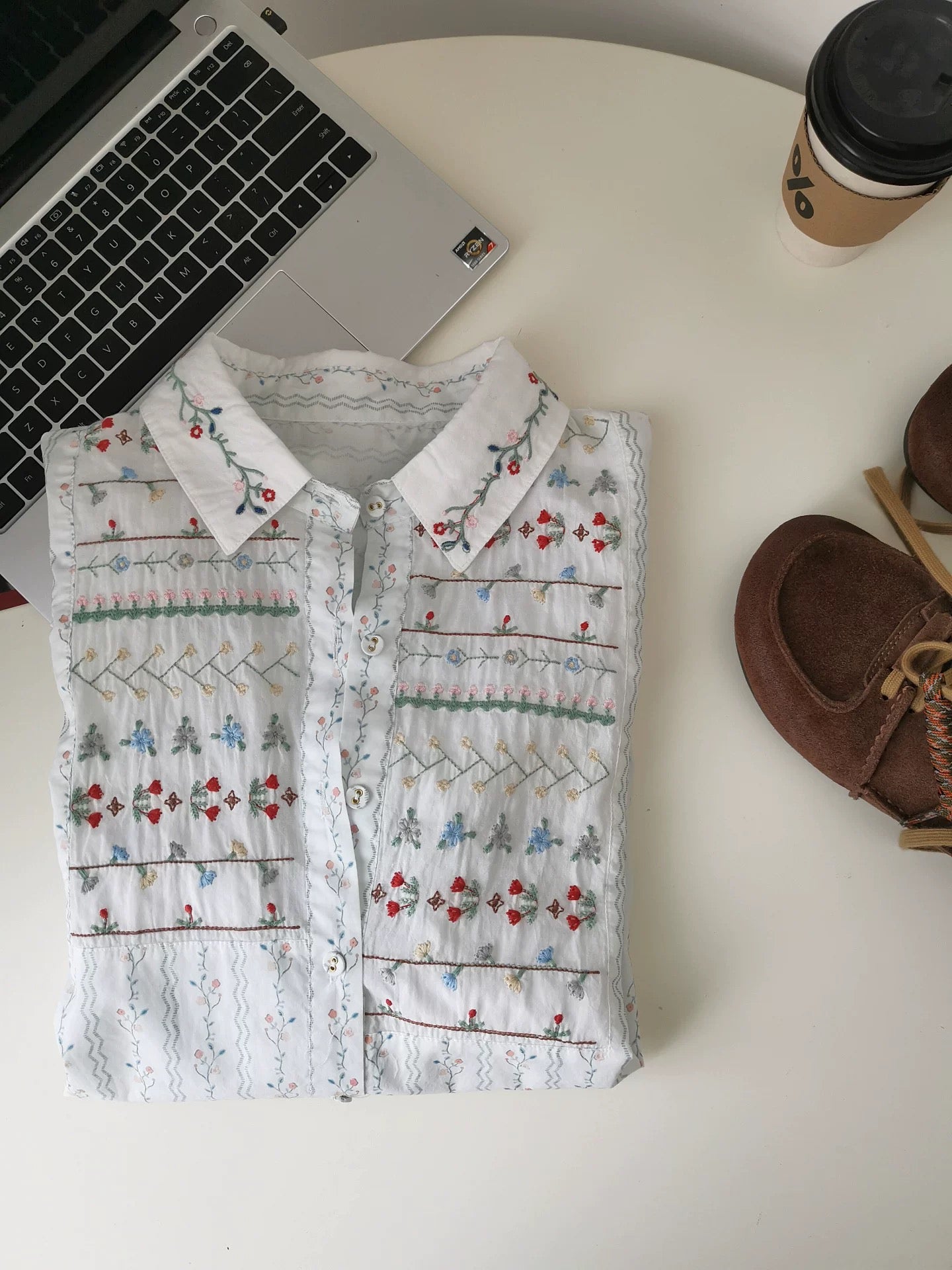 White embroidered floral shirt