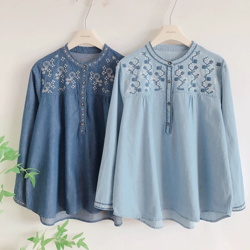 Soft embroidered denim blouse