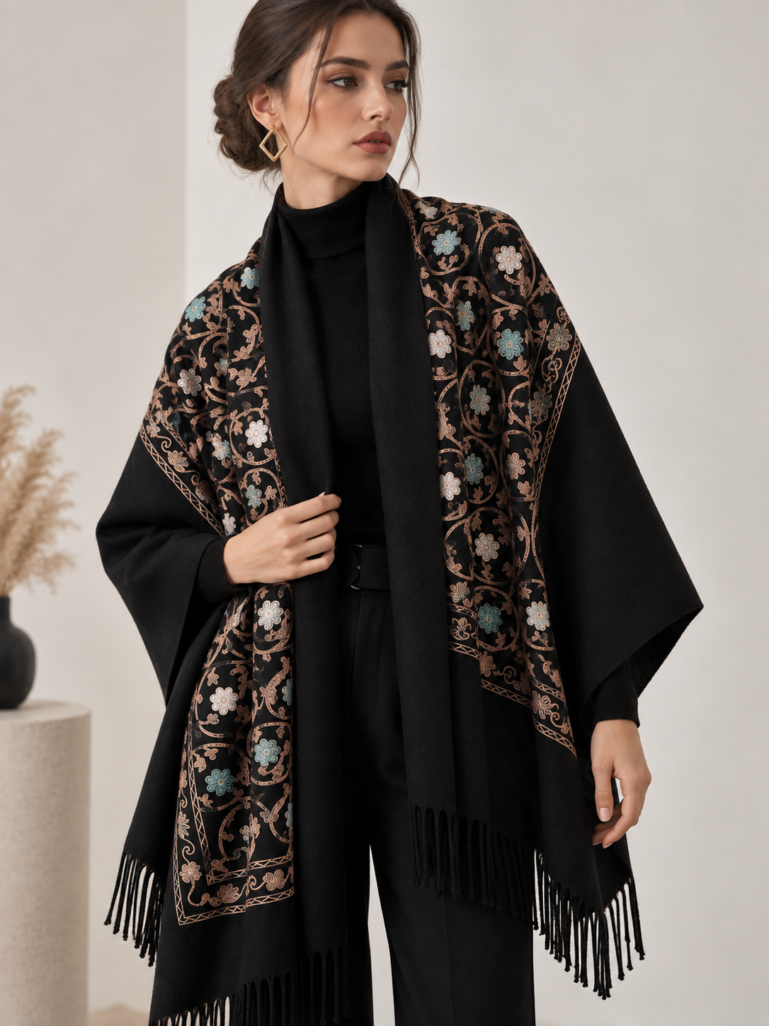 Embroidered Black Shawl
