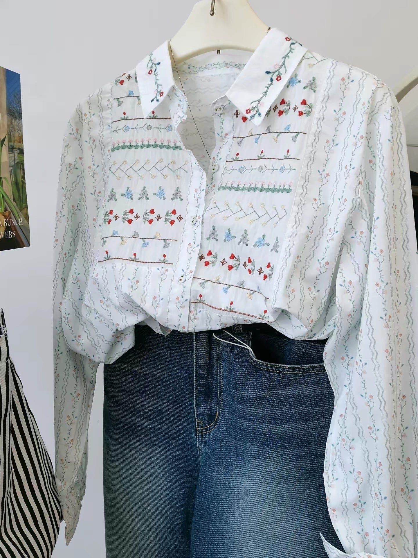White embroidered floral shirt