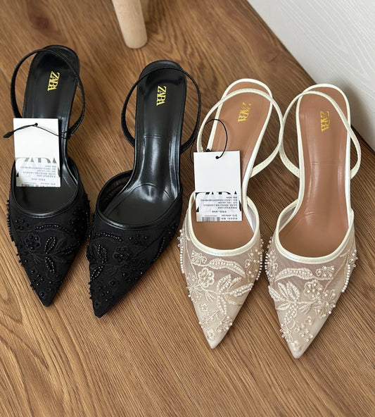 Embroidered Mesh Pointed-Toe Heels 👠